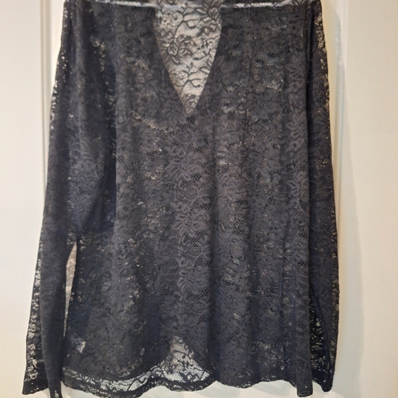 Lane Bryant Black Lace Button Front Top Size 20 Sheer Ruched Blouse Velvet Trim - Picture 12 of 14